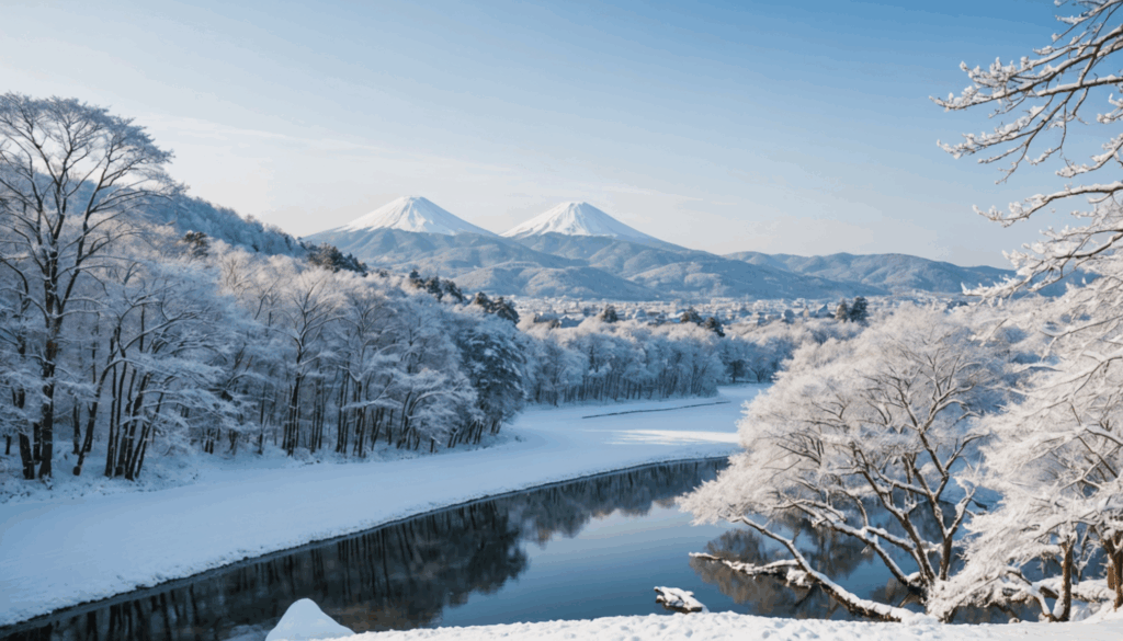 北海道の冬景色の写真。雪に覆われた美しい風景と伝統的な日本建築が調和した様子で、国内旅行の魅力を伝えています