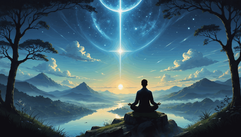 穏やかな光に包まれた自然の中で、静かに瞑想する人のシルエットが描かれたアセンションを象徴する風景の写真。高次元への変化とエネルギーの流れを感じさせる。