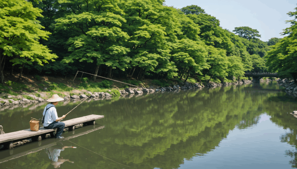 東京の公園で、自然に囲まれた静かな川辺で日本人が楽しそうに釣りをしている様子。癒しのスポットでリフレッシュできる場所です