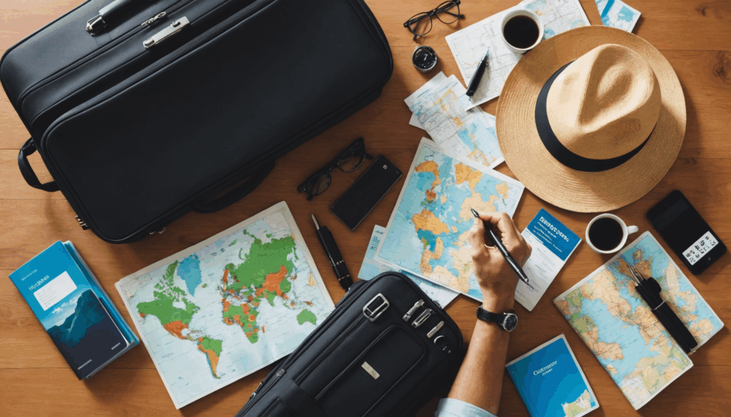 旅行準備をしている人の写真。スーツケースやパスポート、地図に囲まれ、ビーチ用品と冬服が整然と配置された様子。