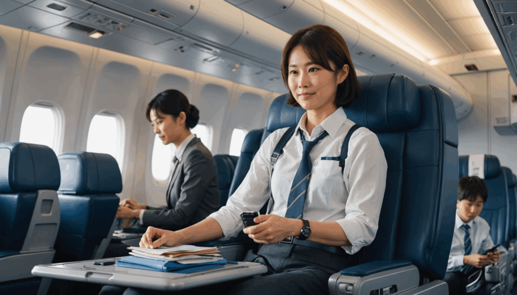 飛行機の機内の様子。日本人がシートベルトを締めて快適に座り、上部の収納スペースに荷物を収納している。安全で快適な雰囲気を感じさせる。