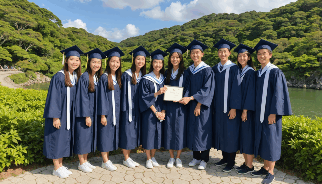 卒業旅行を楽しむ日本の大学生たちが、沖縄の美しいビーチで友達と共にリラックスしている様子。人気の旅行先での思い出作りを表現しています