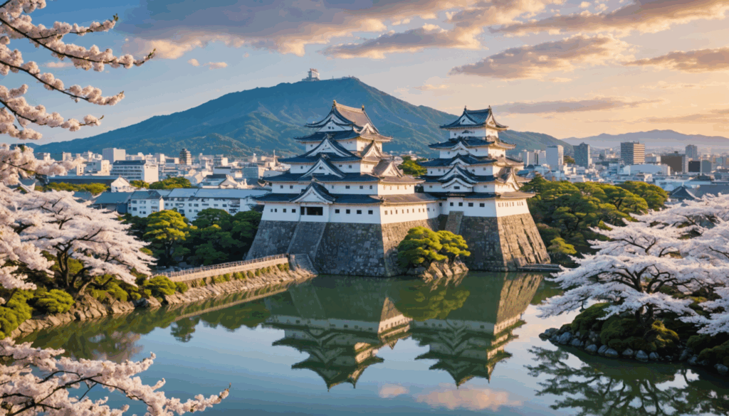 姫路城の写真。緑豊かな自然に囲まれた世界遺産で、日本の伝統的な建築と桜が美しく調和している様子。