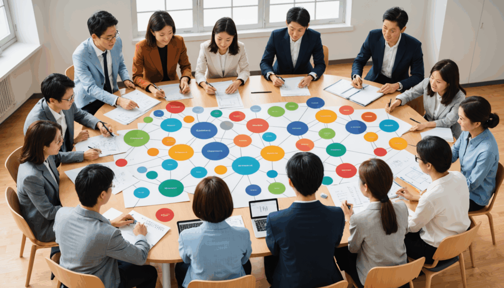 多様な日本のプロフェッショナルが成長型マインドセット教育に取り組むワークショップの様子。チームワークや革新、自己成長を象徴する要素が含まれた現代的なオフィス空間での活動。
