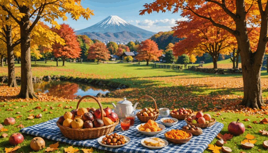 色とりどりの紅葉が広がる秋の風景に、栗やサツマイモ、リンゴが並ぶピクニックの様子。日本の自然を楽しむおすすめスポット。
