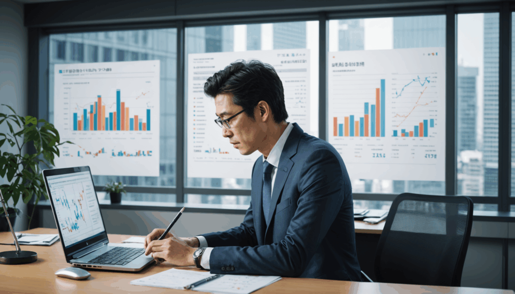 日本人が投資オプションを分析している様子。背景には金融チャートや成長のシンボルがあり、NISAやつみたてNISAのメリットを考える現代的なオフィスの風景。
