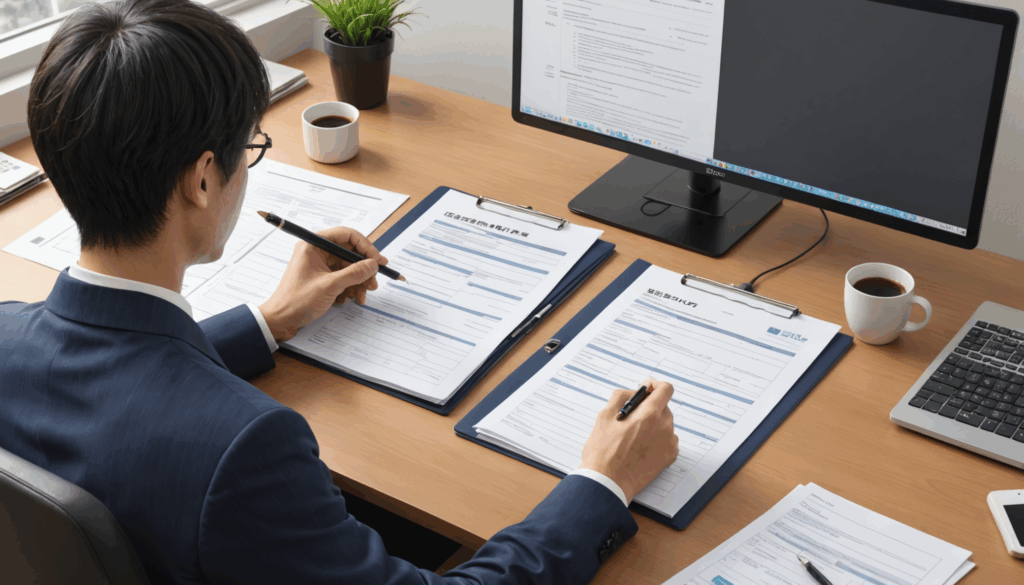 iDeCoの手続きに取り組む日本人が、デスクで金融書類を確認しながら集中している様子。加入や掛金に関する重要な情報が整理された状態で描かれています。