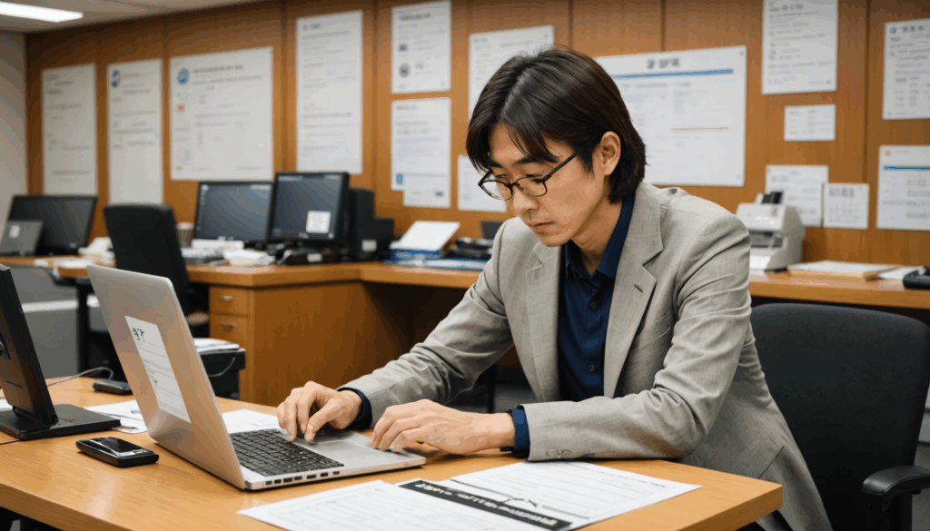 ふるさと納税の手続きを行う日本人が、自宅のオフィスでパソコンを使い、寄附のシミュレーションや返礼品を調べている様子