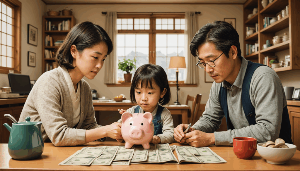 親子が家庭でお金の管理を学んでいる様子を描いたイラスト。貯め方や使い方を理解するための要素が含まれています。