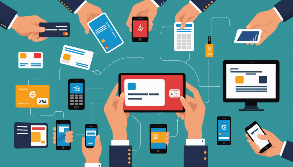 キャッシュレス決済の方法を示すイラストで、クレジットカードやQRコード決済が便利で安全に使える様子を描いています