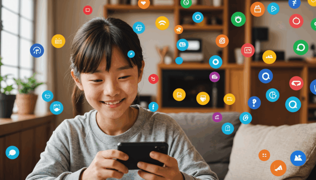 "1. スマートフォンを使いながら笑顔の若い日本人が、ポイ活のアプリアイコンに囲まれている様子。自宅での快適な雰囲気が感じられる。 2. スマートフォンでカジュアルゲームを楽しむ日本人が、ポイントや報酬のグラフィックに囲まれた明るいリビングでの様子。ポイ活の楽しさを表現している。 3. スマートフォンでギフトとポイントを交換している日本人が、現金やギフトカードなどの選択肢が並ぶ賑やかな雰囲気の中で楽しんでいる様子。ポイ活の魅力が伝わる。