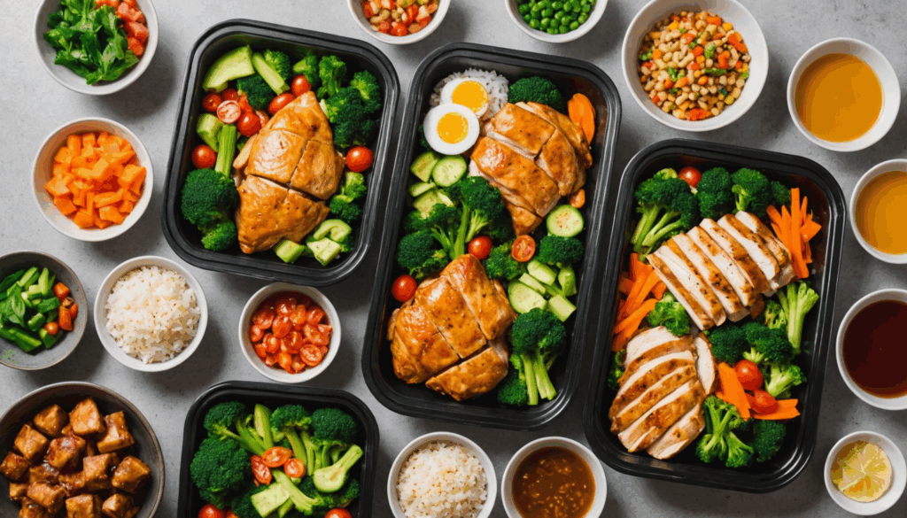 日本人が色とりどりの食材（鶏肉、野菜、魚）を使って健康的な作り置きおかずを調理している様子。冷蔵保存や常備菜のレシピに役立つ