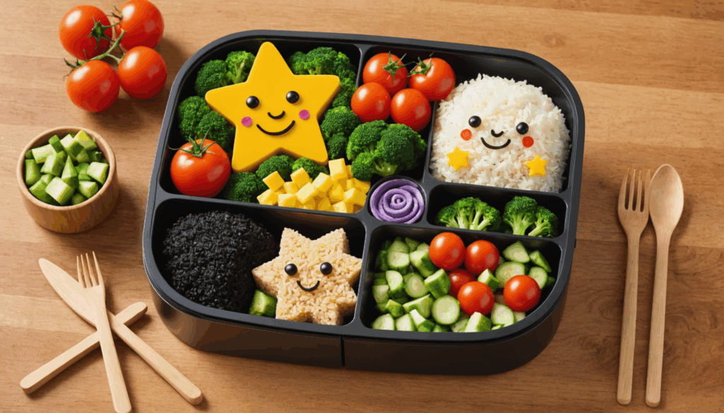 カラフルな食材を使った2歳向けのお弁当の写真。可愛いキャラクターの形をしたご飯と野菜の飾り切りが施され、見た目にも楽しい栄養満点のおかずが並んでいる様子