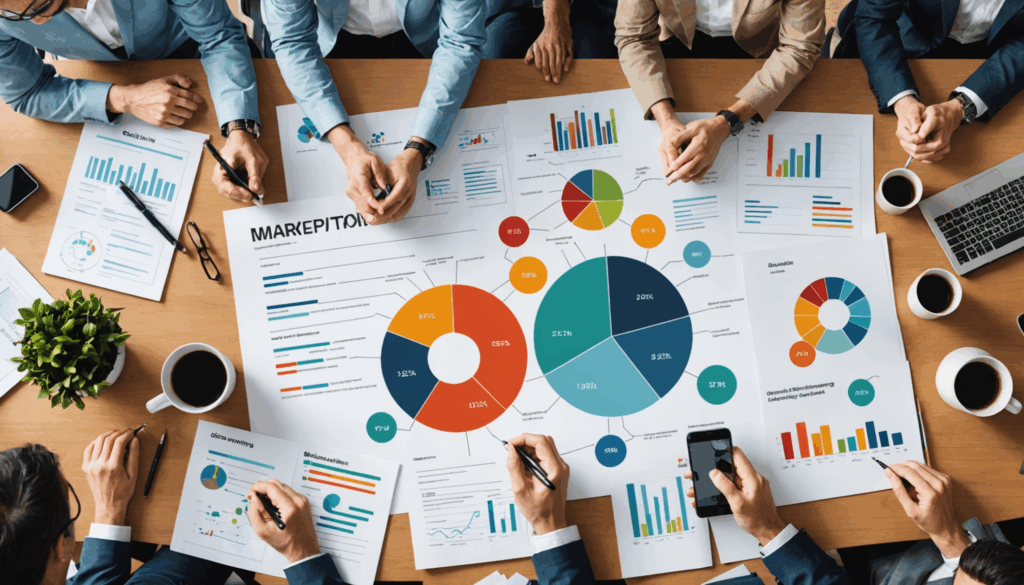 マーケティング施策の実施を示す画像で、東南アジアの環境で日本人が市場分析グラフや戦略計画ボードを使ってチームで協力し、効果を評価している様子。