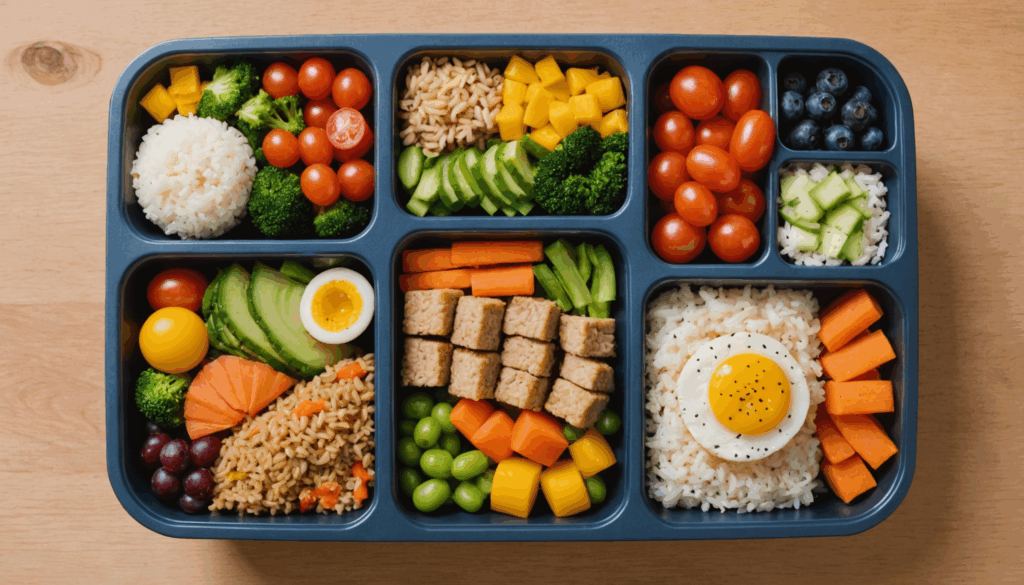 カラフルなお弁当の写真。3歳の子どもが喜ぶように、野菜やご飯、おかずが楽しく盛り付けられた様子