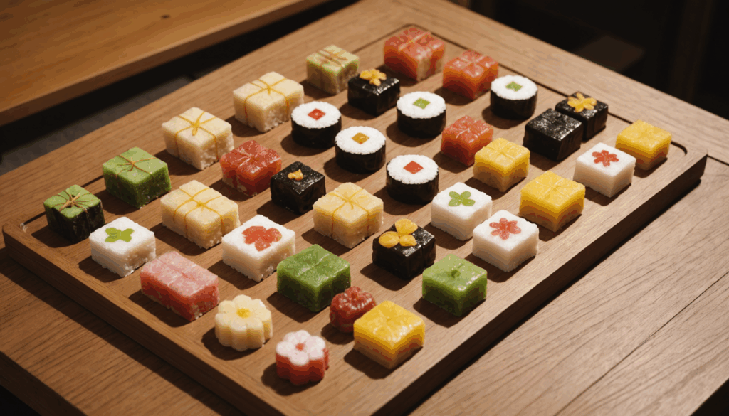 和風の甘味、あまねぎと焼きまんじゅうの写真。木のテーブルにかわいらしく盛り付けられ、甘いあんこが見えるあまねぎと、艶やかなグレーズの焼きまんじゅうが並んでいる