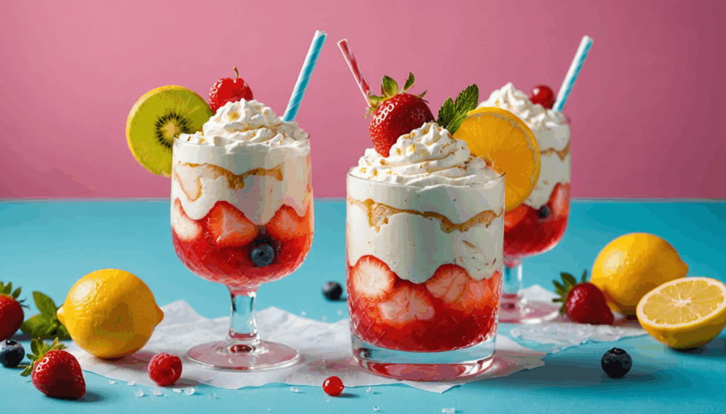 アイスクリームがトッピングされたスタイリッシュなカクテルの写真。フルーツのガーニッシュが施され、明るい背景で爽やかな雰囲気を演出している。