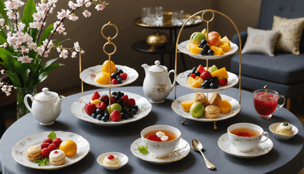桜とフルーツを使った春のアフタヌーンティーの写真。優雅な設定で、スイーツや紅茶を楽しむ様子が描かれています。