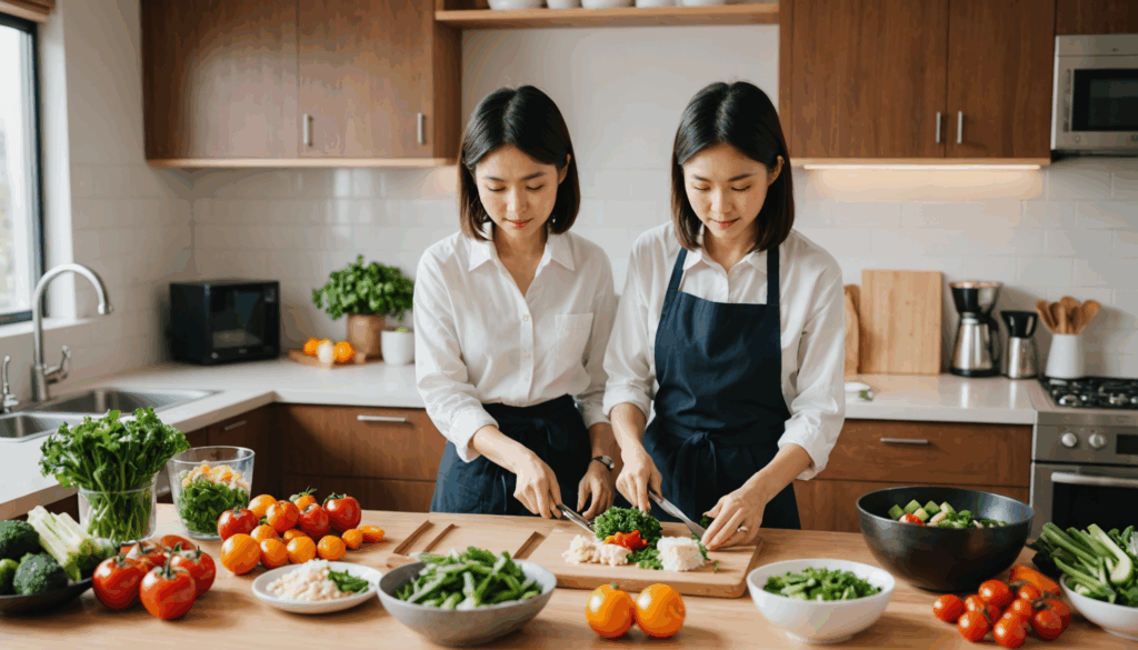 現代的なキッチンで健康的な食生活を意識し、野菜や豆腐を使って栄養バランスの良い主菜と副菜を準備している日本人の様子。