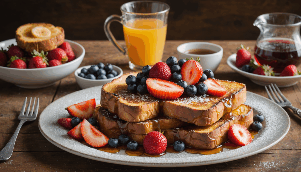 フレンチトーストの写真。新鮮なフルーツとメープルシロップがかかり、粉砂糖が振りかけられた朝ごはんの様子。