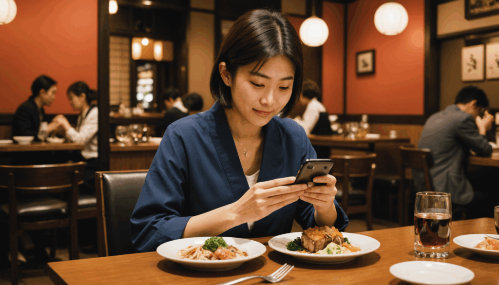 日本の飲食店で、スマートフォンを手に持ちながらグルメサイトを楽しむ様子を捉えた写真。予約やおすすめの情報を探しているユーザーの姿が印象的です。