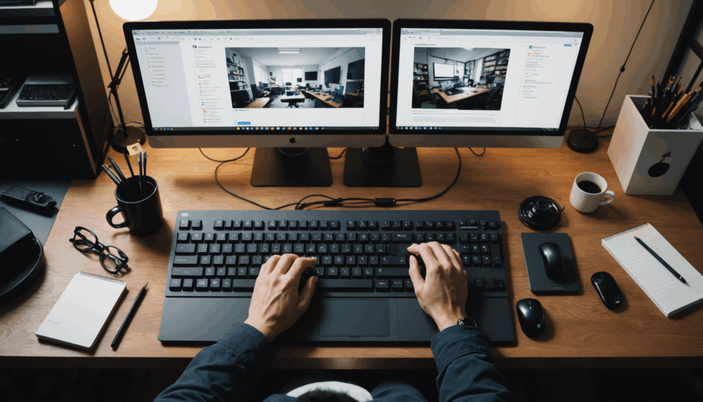 クリエイティブな作業空間で、外部モニターやタブレットを使いながらメカニカルキーボードを操作する日本人の様子。ガジェット好きにおすすめのデスク環境