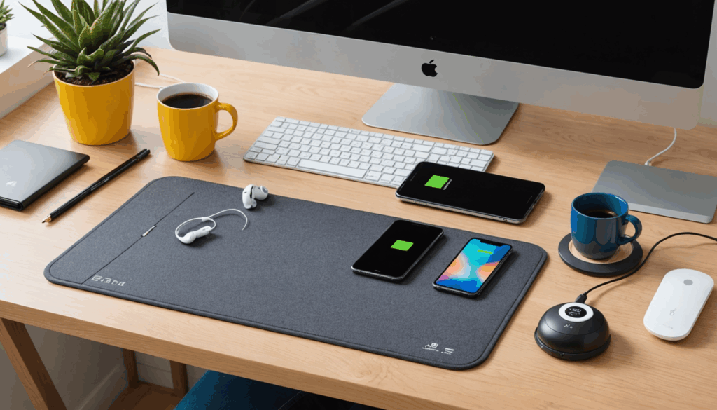 スマートデザインのデスクマットが、ワイヤレス充電機能を備えた様子。自宅での便利なガジェットとしておすすめです。