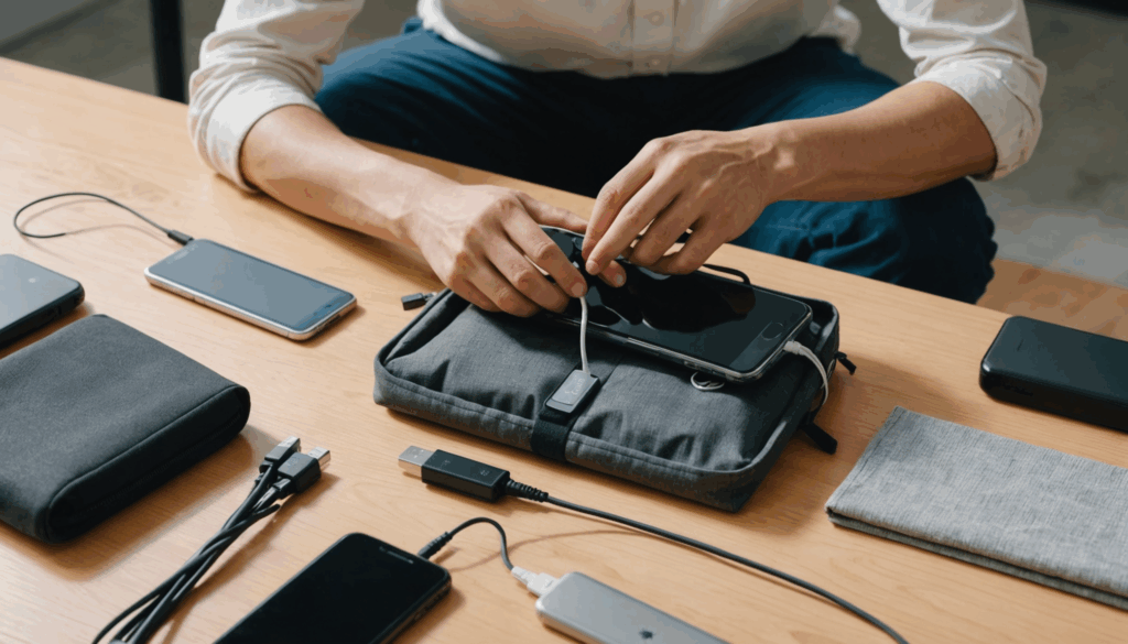 ガジェットポーチを柔らかい布で掃除している日本人の様子。周囲にはケーブルや充電器などのアクセサリーが整然と配置されており、収納の大切さが感じられる。