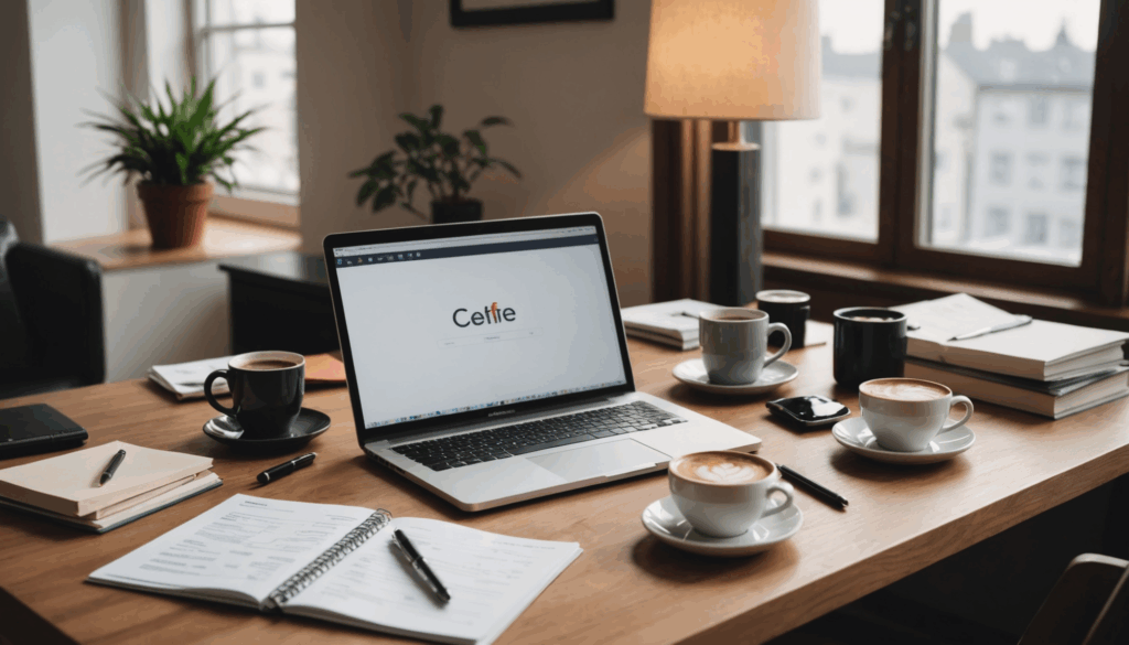 自宅の快適なオフィス環境の写真。ノートパソコンやノート、コーヒーカップがあり、副業に最適な生産的な雰囲気を演出している。