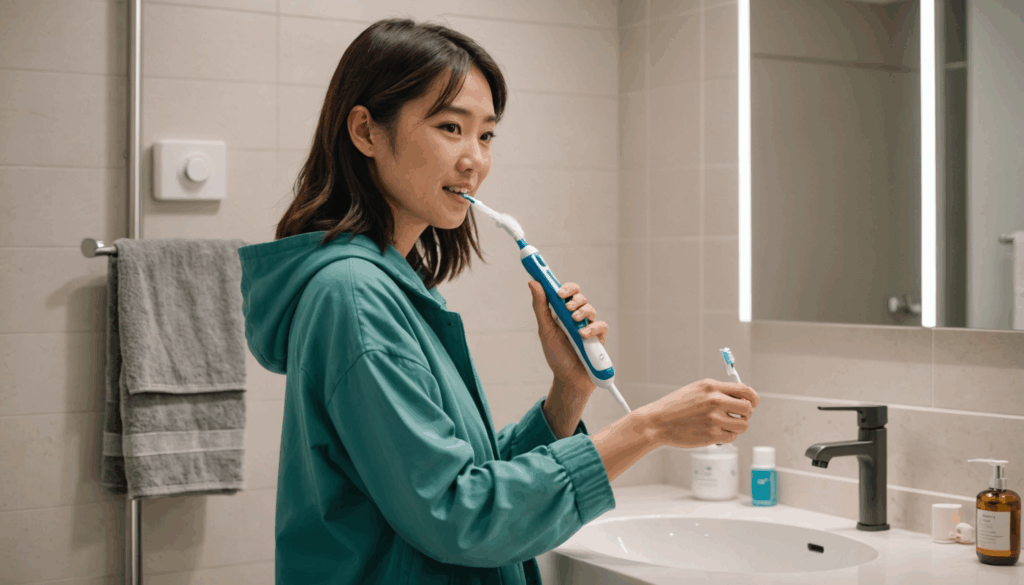 現代的なバスルームで電動歯ブラシを使用している日本人の写真。カウンタートップには購入した電動歯ブラシとサブスクリプションボックスが置かれ、使いやすさやおすすめの機能が伝わる様子