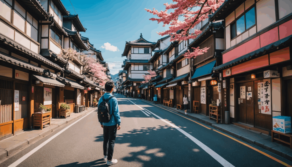 日本人が360度カメラを使って、美しい風景や都市の景観を撮影している様子。手ブレ補正機能を活かし、高解像度の動画を楽しむシーン。