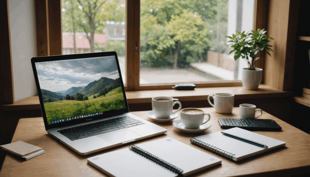 木製のデスクに置かれた軽量ノートパソコンの写真。開いたノートパソコンの周りには文房具やコーヒーカップがあり、窓からの自然光が差し込んでいる様子。