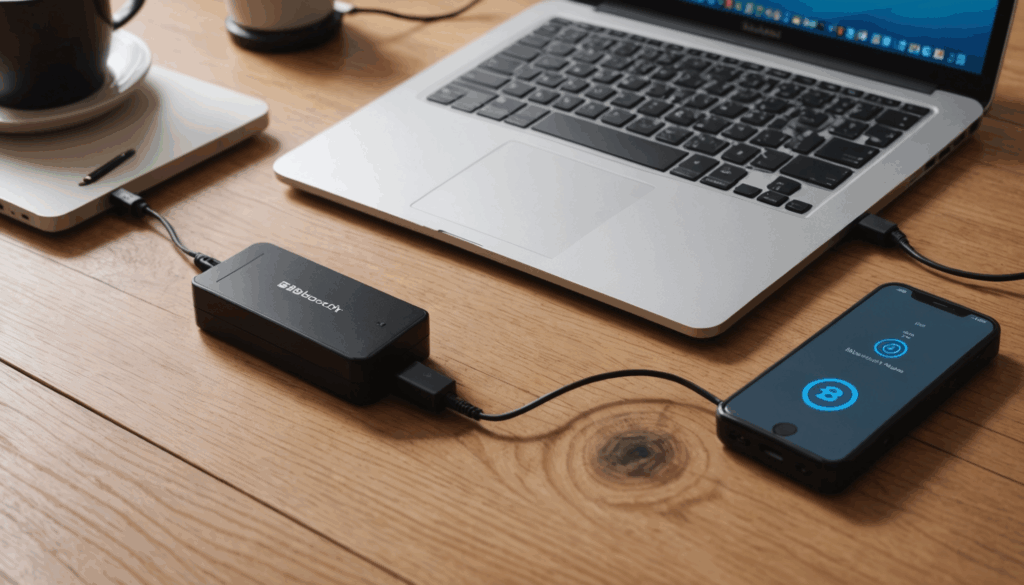 明るい木製デスクの上に置かれた最新のBluetoothアダプタと、その背景にあるノートパソコンの写真。テクノロジーに精通した雰囲気を醸し出しています。