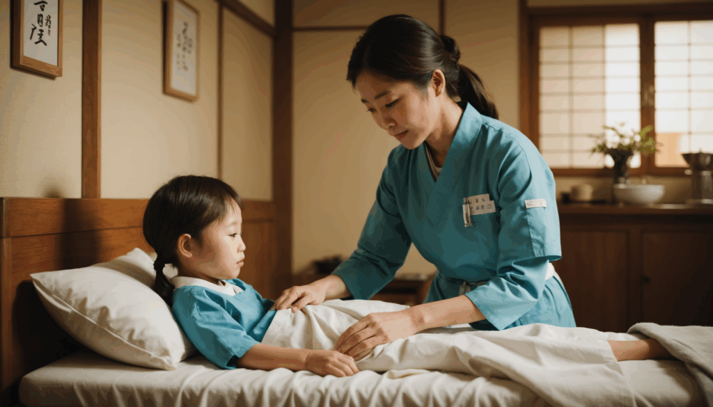 病児保育の現場で、体調不良のお子さまを優しくケアする日本の看護師の様子。温かい雰囲気の中、保護者へのサポートも重要なシーンです。