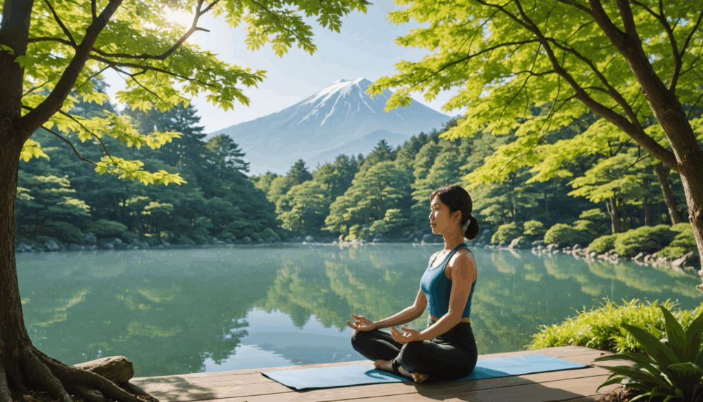 色とりどりの健康的な食材がテーブルに並べられ、バランスの取れた食事が強調されています。健康習慣や生活習慣の一環として、運動や睡眠とともに重要です。
