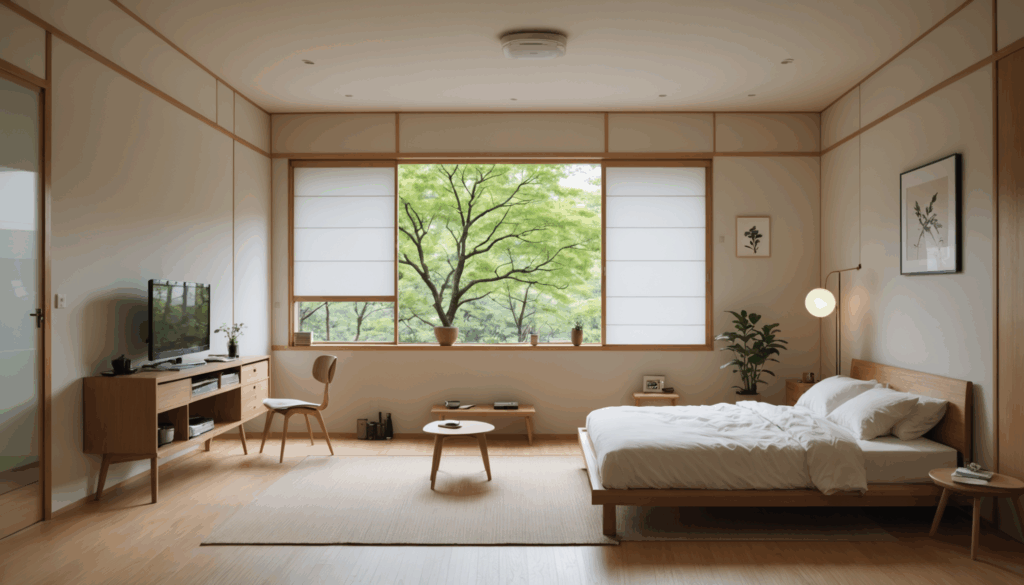 ミニマリストの生活スタイルを体現した日本人が、シンプルで整頓された空間に囲まれている様子。心のストレスを手放し、必要な物だけで生活する姿を表現しています。