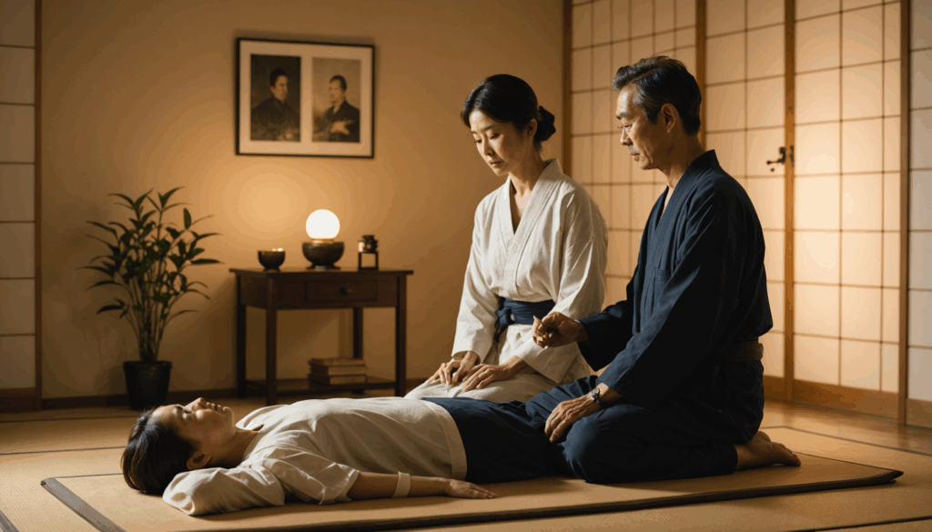 静かな環境で前世療法を受ける日本人クライアントとセラピストの様子。穏やかな光と落ち着いた要素に囲まれ、心の悩みや気づきに向き合う瞬間を表現しています。