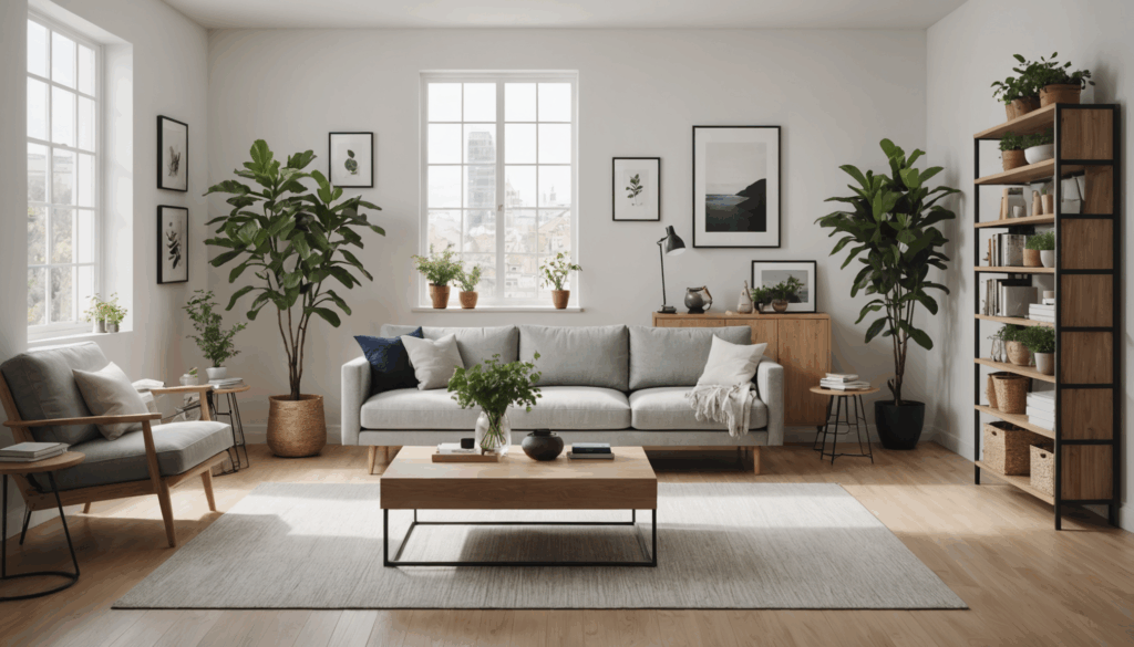 整然としたミニマリストのリビングスペースの写真。自然光が差し込み、収納ボックスや植物が配置され、断捨離のメリットが感じられるスッキリとした雰囲気を演出している。