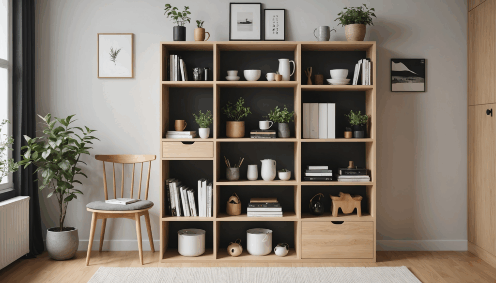 小さな賃貸アパートで、和風のスタイルで収納ボックスやDIY棚を使い、収納を整えている日本人の様子。使いやすい収納グッズを活用し、デッドスペースを有効に使った整理された空間を表現しています。