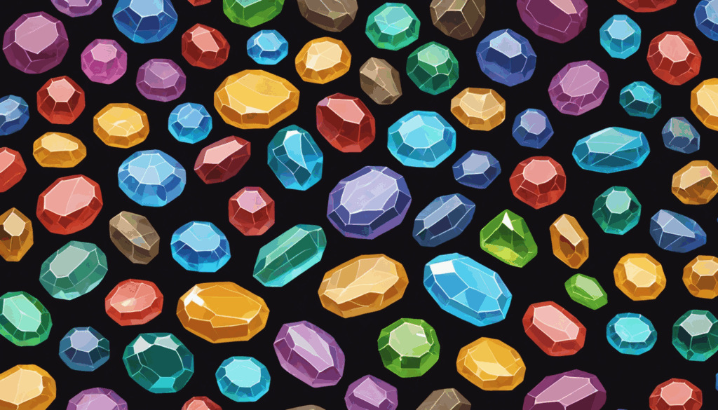 さまざまな色と形のパワーストーンの写真。各石の特徴を強調し、穏やかな背景が石を引き立てている様子。