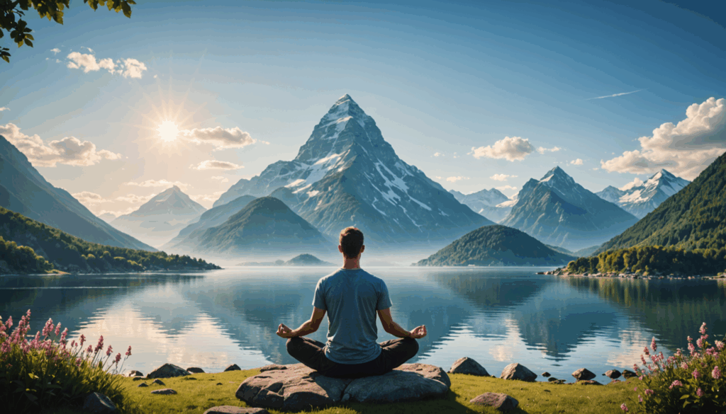 自然の中で瞑想やヨガを行う人々の写真。エネルギーを高めるための自己改善方法を表現し、波長が合わない相手との距離を感じさせる。