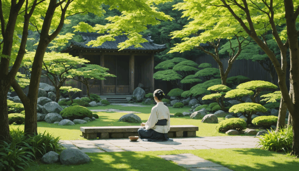 静かな庭で考え込む日本人の写真。エンジェルナンバーの意味を思い巡らせている様子が、桜や小さな池に囲まれた穏やかな雰囲気を醸し出しています。