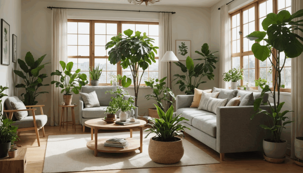 リビングの写真。丸い葉の観葉植物を手入れしている日本人の様子が描かれ、風水や運気を高める環境を演出しています