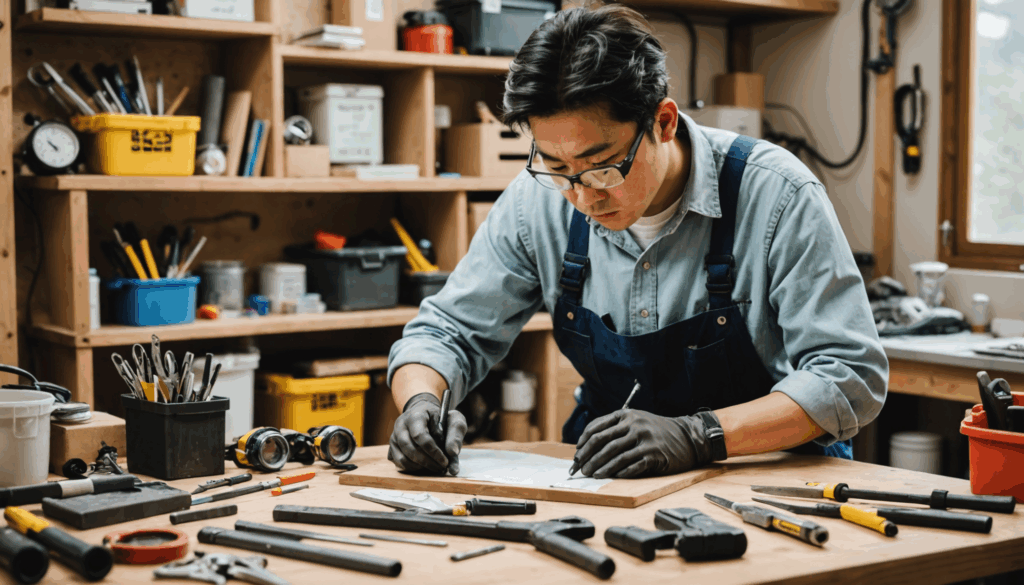 安全ゴーグルと手袋を着用した日本人が、整理された作業スペースでDIYプロジェクトに取り組んでいる様子。初心者にもおすすめの材料と工具を使った簡単な作り方を示しています