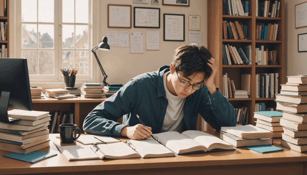 5月病に悩む学生のイラスト。ストレスを感じながら机に座り、書類や本に囲まれた様子が描かれています。リラックスできる背景が心のサポートを表現しています。