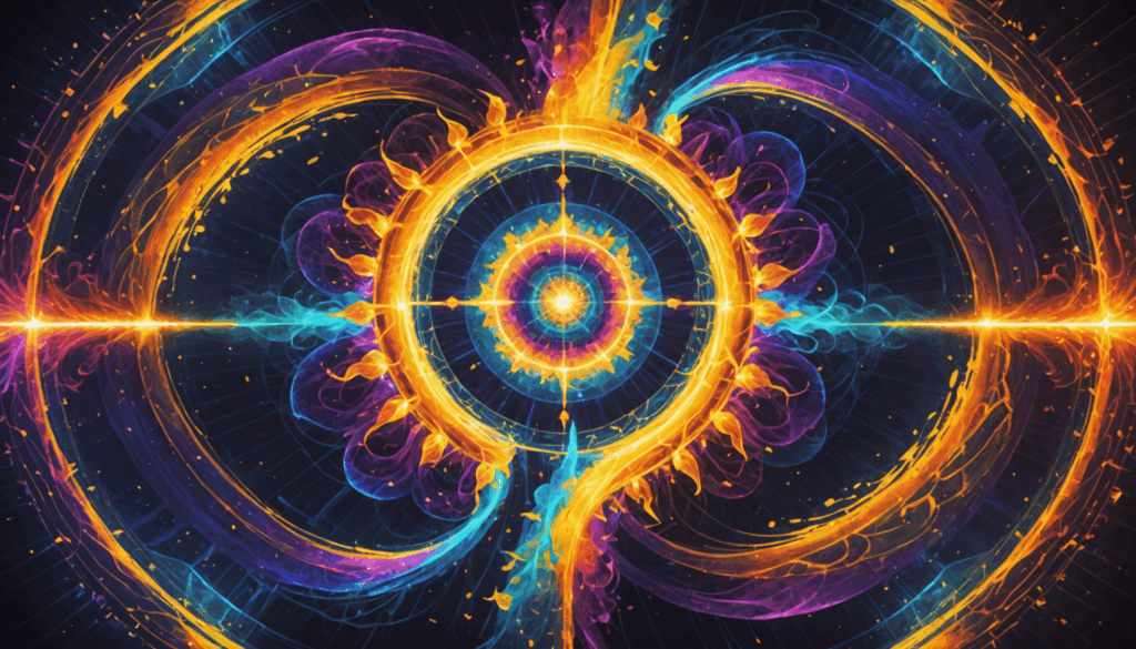 鮮やかな色彩と流れるエネルギーパターンで表現されたアセンションの抽象画。自分の成長と感情の浄化を象徴しています。