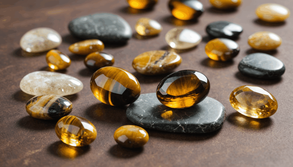 タイガーアイ、シトリン、ルチルクォーツのパワーストーンがデスクに美しく配置され、仕事運と金運の引き寄せを意識した様子。