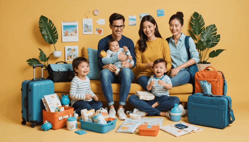 赤ちゃんと一緒に旅行する幸せな家族の写真。おむつや赤ちゃん用品が整然と並び、ストレスフリーな旅行の必需品が揃った温かい雰囲気。
