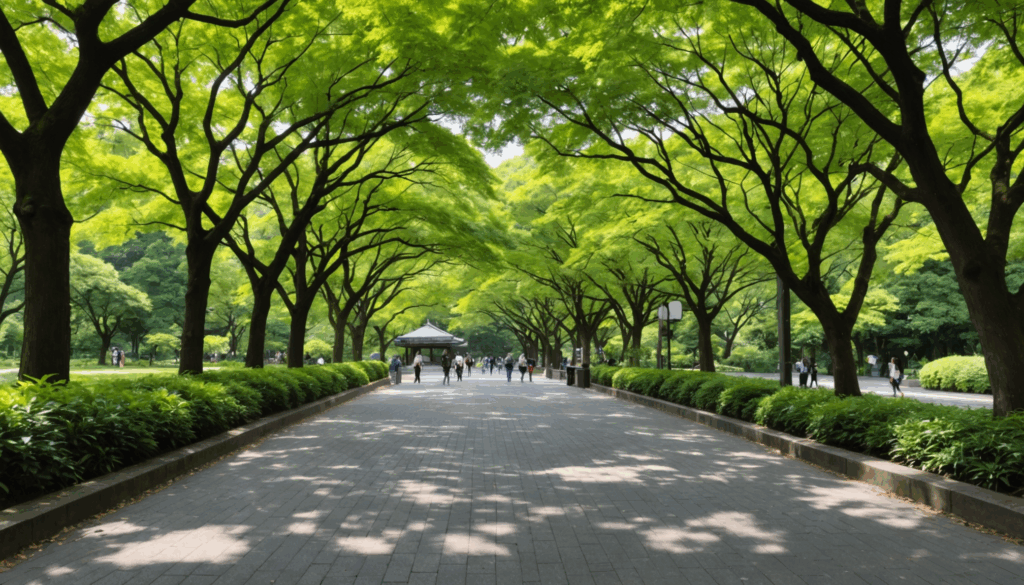 東京の公園の写真。緑豊かな自然に囲まれた現代美術館と居心地の良いカフェがあり、リフレッシュできる癒しのスポット