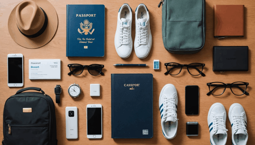 旅行に必要な持ち物の写真。パスポートやビザ、現金、クレジットカード、スマートフォン、充電器、衣類、医薬品などが並んでいる様子。